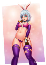 Rule 34 | 1girl, animal ears, bandeau, blue eyes, borrowed character, cameltoe, detached sleeves, dutch angle, finger to mouth, gloves, heterochromia, highres, mole, mole under eye, newash, no pants, original, panties, panty pull, rabbit ears, red eyes, short hair, silver hair, solo, thighhighs, torn clothes, torn thighhighs, underwear