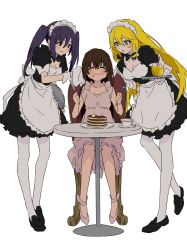 Rule 34 | 3girls, ^ ^, apron, black footwear, black neckwear, blonde hair, blush, bow, bowtie, breasts, brown hair, cleavage, closed eyes, cup, detached collar, dolly (toaru kagaku no railgun), dress, dress bow, eating, female focus, food, food on face, fork, frilled dress, frills, full body, gloves, highres, holding, holding fork, holding knife, honey, invisible floor, knife, kouzaku mitori, leaning forward, loafers, long hair, looking at another, maid, maid apron, maid headdress, medium breasts, multiple girls, pancake, pink dress, plate, puffy short sleeves, puffy sleeves, purple hair, shoes, shokuhou misaki, short hair, short sleeves, sidelocks, simple background, sitting, teacup, teruya (6w6y), toaru kagaku no railgun, toaru majutsu no index, twintails, white background, white gloves, white legwear, wing collar, wrist cuffs