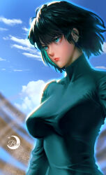 Rule 34 | 1girl, absurdres, blunt bangs, chinese commentary, closed mouth, cloud, cloudy sky, commentary request, crescent moon, dress, fubuki (one-punch man), green dress, green eyes, green hair, highres, mixed-language commentary, moon, one-punch man, outdoors, short hair, signature, sky, solo, teeth, turtleneck, xiaobaiatnight
