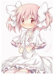 Rule 34 | 1girl, :o, beige background, blush, border, choker, clenched hands, cosplay, cowboy shot, dot nose, dress, expressionless, eyes visible through hair, frilled dress, frilled sleeves, frills, gloves, hair between eyes, hair ribbon, hands up, hitode, kaname madoka, long dress, looking at viewer, mahou shoujo madoka magica, mahou shoujo madoka magica (anime), own hands together, parted lips, pink eyes, pink hair, pink thighhighs, ribbon, shy, sidelocks, simple background, sitting, solo, tareme, thighhighs, twintails, ultimate madoka, ultimate madoka (cosplay), upper body, white border, white choker, white dress, white gloves, white neckwear, white ribbon, wide sleeves, wings, zettai ryouiki