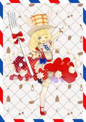 Rule 34 | 1girl, ;d, apron, arm up, blonde hair, bloomers, blue bow, blue eyes, bow, braid, ekm, food, food-themed clothes, fork, frills, full body, gloves, hat, long hair, looking at viewer, morinaga (brand), one eye closed, open mouth, original, oversized object, pancake, personification, polka dot, polka dot skirt, red bow, red footwear, red skirt, shoes, skirt, smile, solo, standing, standing on one leg, thighhighs, underwear, whipped cream, white bloomers, white gloves, white thighhighs, wings