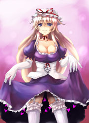 Rule 34 | 1girl, blonde hair, blue eyes, breasts, clothes lift, dacho, dress, dress lift, elbow gloves, female focus, gap (touhou), gloves, hat, large breasts, long hair, purple eyes, solo, thighhighs, touhou, white gloves, yakumo yukari