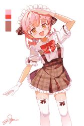 Rule 34 | 1girl, :d, absurdres, arm up, bow, bow legwear, bowtie, brown skirt, commentary, dot nose, fang, frilled shirt collar, frilled skirt, frills, gloves, hair ribbon, highres, jdge, looking at viewer, low twintails, maid headdress, medium hair, open mouth, orange eyes, original, pink hair, plaid, plaid skirt, polka dot, polka dot ribbon, red bow, red bowtie, ribbon, salute, shirt, short sleeves, short twintails, signature, simple background, skin fang, skirt, smile, solo, suspender skirt, suspenders, thighhighs, twintails, white background, white gloves, white shirt, white thighhighs, zettai ryouiki