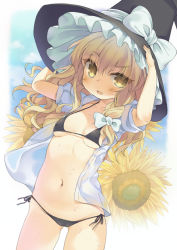 Rule 34 | 1girl, arms up, bad id, bad pixiv id, bikini, black bikini, blonde hair, blush, bow, braid, breasts, collarbone, covered erect nipples, fang, flower, hair bow, halterneck, halterneck, hat, hat bow, kirisame marisa, long hair, looking at viewer, micro bikini, mirei, navel, open clothes, open mouth, open shirt, shirt, side-tie bikini bottom, single braid, small breasts, solo, standing, sunflower, swimsuit, touhou, underboob, wet, white bow, white shirt, witch hat, yellow eyes