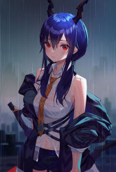 Rule 34 | 1girl, arknights, bare shoulders, black coat, black jacket, black shorts, blue hair, blurry, blurry background, blush, breasts, ch&#039;en (arknights), cityscape, closed mouth, coat, collared shirt, cowboy shot, depth of field, dragon horns, dress shirt, hair over shoulder, highres, horns, jacket, long hair, looking at viewer, low twintails, medium breasts, munseonghwa, navel, necktie, off shoulder, open clothes, open coat, open jacket, outdoors, rain, red eyes, see-through, shirt, short shorts, shorts, sidelocks, sleeveless, sleeveless shirt, solo, twintails, water, wet, wet clothes, wet shirt, white shirt, yellow necktie