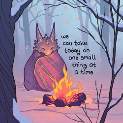 Rule 34 | animal focus, artist name, bare tree, blanket, campfire, closed eyes, commentary, dragon, english commentary, english text, fire, no humans, original, outdoors, plaid blanket, snow, thelatestkate, tree
