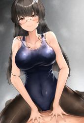 Rule 34 | 1girl, absurdres, black-framed eyewear, black hair, black pantyhose, blue one-piece swimsuit, blush, breasts, brown eyes, character request, closed mouth, collarbone, commission, copyright request, glasses, highres, kaku yone, large breasts, long hair, one-piece swimsuit, pantyhose, pantyhose under swimsuit, school swimsuit, semi-rimless eyewear, sitting, skeb commission, smile, solo, swimsuit, thighs, under-rim eyewear, virtual youtuber, wariza
