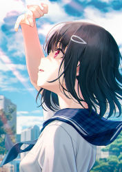 Rule 34 | 1girl, arm up, black hair, blue neckerchief, blurry, blurry background, building, commentary request, day, depth of field, from side, hair ornament, hairclip, highres, hyuuga azuri, looking up, neckerchief, open mouth, original, outdoors, plaid, plaid sailor collar, profile, red eyes, sailor collar, school uniform, serafuku, shirt, short hair, solo, tree, upper body, white shirt