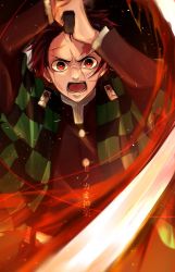 Rule 34 | 1boy, arms up, belt, black hair, black jacket, choker, gradient hair, haori, highres, holding, holding sword, holding weapon, jacket, japanese clothes, kamado tanjirou, kimetsu no yaiba, long sleeves, looking at viewer, male focus, multicolored hair, open mouth, red eyes, red hair, scar, scar on face, scar on forehead, short hair, solo, standing, sword, touya ren, v-shaped eyebrows, weapon, white belt