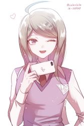 Rule 34 | 1girl, ahoge, akamatsu kaede, artist name, blonde hair, breasts, cellphone, commentary request, danganronpa (series), danganronpa v3: killing harmony, eighth note, fortissimo, hair ornament, heart, holding, holding phone, long hair, long sleeves, looking at viewer, medium breasts, musical note, musical note hair ornament, necktie, one eye closed, open mouth, phone, pink eyes, pink sweater vest, red necktie, school uniform, shirt, simple background, smile, solo, sweater vest, upper body, white background, white shirt, z-epto (chat-noir86)