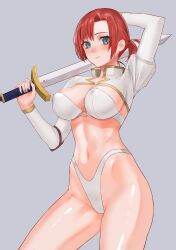 Rule 34 | 1girl, absurdres, bikini, blue eyes, boudica (fate), breasts, commentary request, cowboy shot, fate/grand order, fate (series), grey background, hair between eyes, highleg, highleg bikini, highres, holding, holding sword, holding weapon, long sleeves, looking at viewer, medium breasts, navel, o-ring, o-ring top, ponytail, red hair, sawatari kazuma, shrug (clothing), simple background, smile, solo, strapless, strapless bikini, swimsuit, sword, weapon