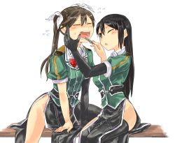 Rule 34 | 10s, 2girls, black hair, blush, brown eyes, brown hair, chamaruk, chikuma (kancolle), commentary request, elbow gloves, flying sweatdrops, gloves, hair ribbon, kantai collection, long hair, multiple girls, one eye closed, open mouth, pelvic curtain, ribbon, sitting, tears, tone (kancolle), tweezers, twintails
