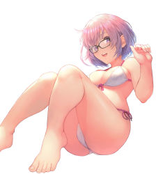Rule 34 | 1girl, bare shoulders, barefoot, bikini, blush, breasts, cleavage, fate/grand order, fate (series), feet, glasses, hair over one eye, highres, legs, light purple hair, looking at viewer, mash kyrielight, mash kyrielight (swimsuit of perpetual summer), medium breasts, official alternate costume, open mouth, otsukemono, purple eyes, purple hair, short hair, smile, solo, swimsuit, toes, white bikini