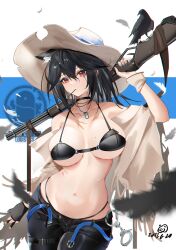 Rule 34 | 1girl, absurdres, animal ear fluff, animal ears, arknights, bikini, bird, black bikini, black hair, blue nails, breasts, bullet, choker, closed mouth, collarbone, cowboy hat, crow, cuffs, dated, feathers, fingerless gloves, gloves, gun, hair between eyes, handcuffs, hat, highres, holding, holding bullet, holding gun, holding weapon, large breasts, long hair, looking at viewer, mole, mole on breast, navel, pants, poncho, sabou san-shitsu kokoro, single glove, solo, swimsuit, texas (arknights), weapon, wolf ears, wolf girl