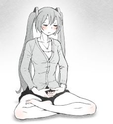 Rule 34 | 1girl, bare legs, barefoot, blush, casual, collarbone, dhyana mudra, closed eyes, feet, full body, half lotus position, hatsune miku, indian style, jewelry, long hair, meditation, monochrome, mudra, necklace, short shorts, shorts, sitting, soles, solo, spot color, toes, twintails, very long hair, vocaloid, wokada, yoga