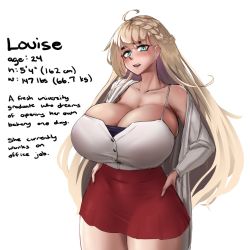 Rule 34 | 1girl, ahoge, blonde hair, blouse, blush, borrowed character, braid, breasts, camisole, character profile, cleavage, commission, english text, green eyes, hands on own hips, highres, huge breasts, jacket, long hair, louise (okanderlig), miniskirt, open clothes, open jacket, open mouth, open shirt, original, roresu, shirt, simple background, skirt, solo, thick eyebrows, thick thighs, thighs, very long hair, white background