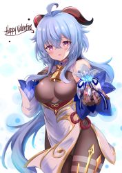 Rule 34 | 1girl, absurdres, ahoge, bare shoulders, bell, blue hair, blush, bodysuit, breasts, brown bodysuit, brown gloves, commentary request, curled horns, detached sleeves, ganyu (genshin impact), genshin impact, gift, gift bag, gloves, hair between eyes, hands up, happy valentine, highres, holding, holding gift, horns, long sleeves, looking at viewer, medium breasts, parted lips, purple eyes, shibakame, smile, solo, standing, white sleeves