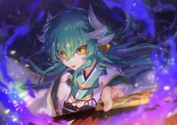 Rule 34 | 1girl, aqua hair, blue fire, dragon girl, dragon horns, fate/grand order, fate (series), fire, hair between eyes, hand fan, highres, horns, japanese clothes, kimono, kiyohime (fate), long hair, looking at viewer, nijimaarc, paper fan, purple fire, serious, solo, type-moon, upper body, very long hair, yellow eyes