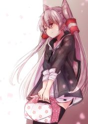 Rule 34 | 1girl, amatsukaze (kancolle), bento, black coat, black thighhighs, brown eyes, coat, commentary request, cowboy shot, dress, hair tubes, highres, hood, hooded coat, hooded dress, hoodie, kantai collection, kuuru (kuuru-n), long hair, official alternate costume, silver hair, smile, solo, thighhighs, two side up, white dress