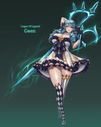 Rule 34 | 1girl, ahoge, alternate breast size, arm up, asymmetrical legwear, aura, black gloves, blue eyes, blue hair, blue pupils, breasts, character name, checkered clothes, checkered legwear, copyright name, crossed legs, dress, drill hair, frilled dress, frills, gloves, gwen (league of legends), highres, hip focus, holding, holding needle, holding scissors, holding weapon, large breasts, league of legends, long hair, mad kimo, mismatched legwear, needle, oversized object, parted lips, pink pupils, scissors, smile, solo, striped clothes, striped thighhighs, thick thighs, thighhighs, thighs, thread, vertical-striped clothes, vertical-striped thighhighs, watson cross, weapon, white dress