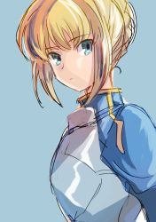 Rule 34 | 1girl, armor, armored dress, artoria pendragon (all), artoria pendragon (fate), blonde hair, blue background, blue dress, blue eyes, braid, breastplate, closed mouth, dress, eyebrows, facing away, fate/stay night, fate (series), french braid, from side, frown, hair between eyes, hair bun, highres, long sleeves, looking away, looking to the side, medu (rubish), puffy long sleeves, puffy sleeves, saber (fate), short hair, sidelocks, simple background, single hair bun, solo, turtleneck, upper body