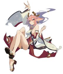 Rule 34 | 1girl, absurdres, animal ears, breasts, closed mouth, fox ears, fox girl, fox shadow puppet, full body, genshin impact, ghost (tama), hand up, highres, japanese clothes, legs, medium breasts, pink hair, purple eyes, sandals, sideboob, simple background, solo, thighs, white background, yae miko
