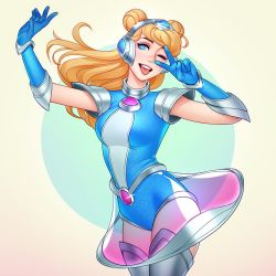 Rule 34 | 1girl, arm up, armor, blonde hair, blue background, blue gloves, blue leotard, boots, breasts, cowboy shot, double bun, dress, floating hair, gloves, hair bun, hand up, headgear, large breasts, league of legends, leotard, long hair, looking at viewer, lux (league of legends), one eye closed, open mouth, pink eyes, purple gloves, see-through, shoulder armor, smile, solo, space groove lux, teeth, thigh boots, thighhighs, tongue, tongue out, tsuaii, upper teeth only, v, white background, white leotard