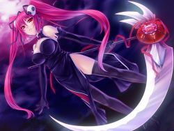 Rule 34 | 1girl, breasts, death (entity), dress, duplicate, elbow gloves, game cg, gloves, goth fashion, hair ornament, high heels, large breasts, long hair, moon, night, non-web source, oneesan ☆ haramix, open mouth, pink hair, polearm, red eyes, ribbon, rune (oneesan ☆ haramix), scythe, shoes, skull, sky, slit pupils, solo, standing, sumeragi kohaku, thighhighs, weapon