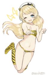 Rule 34 | 1girl, animal print, bandeau, bikini, blonde hair, blue eyes, boots, commentary request, cone horns, cosplay, flat chest, foreshortening, full body, hat, highres, horns, jervis (kancolle), kantai collection, long hair, lum, lum (cosplay), navel, one-hour drawing challenge, oni, pointing, sailor hat, simple background, solo, swimsuit, tiger print, trait connection, twitter username, urusei yatsura, white background, white hat, yamashichi (mtseven)