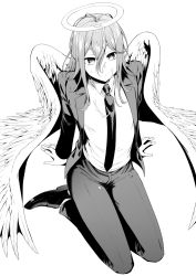 Rule 34 | angel devil (chainsaw man), angel wings, black suit, black tie, black trousers, chainsaw man, cum, dress shoes, formal, halo, highres, suit, wings