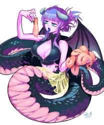 Rule 34 | 1girl, blue tongue, breasts, cannibalism, colored skin, colored tongue, commission, fangs, forked tongue, grey horns, holding, horns, intestines, lamia, mado (mukade tou), meryu shinuma, monster girl, navel, navel piercing, open mouth, piercing, purple hair, purple skin, ryonan musume club, simple background, skeb commission, solo, tongue, virtual youtuber, white background, wings