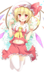 Rule 34 | 1girl, aibumi, ascot, bad id, bad pixiv id, blonde hair, blush, flandre scarlet, hat, hat ribbon, highres, looking at viewer, midriff, mob cap, navel, no shoes, open mouth, pen-zin, puffy sleeves, red eyes, ribbon, shirt, short sleeves, side ponytail, skirt, skirt set, smile, solo, thighhighs, touhou, vest, white thighhighs, wings, zettai ryouiki