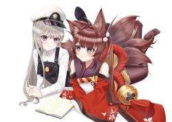 Rule 34 | 2girls, absurdres, ahoge, amagi-chan (azur lane), animal ears, azur lane, bell, blunt bangs, book, brown hair, commentary request, detached sleeves, eyes visible through hair, fox ears, fox girl, fox tail, hair between eyes, hat, highres, kitsune, konparu uran, kyuubi, little enterprise (azur lane), long hair, looking at another, lying, manjuu (azur lane), multiple girls, multiple tails, no shoes, on stomach, parted lips, peaked cap, purple eyes, rope, shimenawa, sidelocks, silver hair, simple background, smile, soles, suspenders, tail, thick eyebrows, twintails, white background, wide sleeves