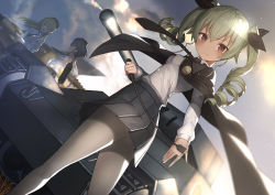 Rule 34 | 10s, 3girls, anchovy (girls und panzer), beret, black hair, blonde hair, bottle, brown eyes, carpaccio (girls und panzer), ccaw, commentary request, drill hair, girls und panzer, green hair, hair ribbon, hat, jacket, jacket on shoulders, long hair, looking at viewer, looking back, military, military uniform, military vehicle, motor vehicle, multiple girls, necktie, open mouth, pantyhose, pepperoni (girls und panzer), ribbon, riding crop, school uniform, short hair with long locks, skirt, smile, solo focus, tank, twin drills, twintails, uniform, vehicle, white legwear