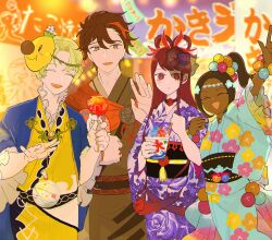 2boys 2girls alfred_(fire_emblem) alternate_costume blonde_hair blue_kimono brown_hair brown_kimono candy_apple character_mask choker closed_eyes closed_mouth dark-skinned_female dark_skin diamant_(fire_emblem) fire_emblem fire_emblem_engage floral_print floral_print_kimono food hair_ornament high_ponytail highres ivy_(fire_emblem) japanese_clothes kimono long_hair long_sleeves looking_at_viewer mario_(series) mask mask_on_head mole mole_under_mouth multiple_boys multiple_girls nintendo open_mouth ponytail print_kimono purple_kimono red_eyes red_hair sasaki_(dkenpisss) shaved_ice short_hair teeth timerra_(fire_emblem) upper_teeth_only waving wide_sleeves wiggler yellow_kimono