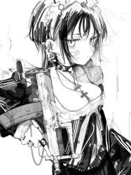 Rule 34 | 1girl, apron, bandaid, bandaid on cheek, bandaid on face, breasts, cigarette, cleavage, collar, commentary, cross, cross necklace, dress, ear piercing, greyscale, gun, holding, holding cigarette, holding gun, holding weapon, jewelry, long hair, looking at viewer, maid, maid headdress, medium breasts, monochrome, multiple rings, necklace, original, piercing, ring, simple background, sirayukisiu, smoke, smoking, solo, spiked collar, spikes, submachine gun, symbol-only commentary, weapon