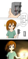 Rule 34 | 1girl, brown hair, electrical outlet, electricity, failure, highres, original, power cord, shirt, short hair, simple background, sparks, tamagosan32768, you&#039;re doing it wrong