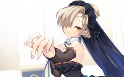 Rule 34 | 1girl, ?, azur lane, bare shoulders, black bow, black dress, black ribbon, blonde hair, blurry, blush, bow, breasts, brown eyes, choker, closed mouth, detached collar, detached sleeves, dress, frilled dress, frills, from side, hair bow, hair ornament, hair over one eye, hair ribbon, highres, indoors, jewelry, lolita fashion, long hair, long sleeves, looking at viewer, medium breasts, nail polish, off shoulder, open mouth, parted lips, ribbon, sheffield (azur lane), simple background, sleeves past wrists, solo, upper body, very long hair, yayoi asuka, yellow eyes