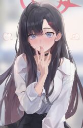 Rule 34 | 1girl, absurdres, black choker, black hair, blue archive, blush, choker, closed mouth, commentary, fingernails, grey eyes, hair ornament, hairclip, halo, highres, ichika (blue archive), long hair, long sleeves, looking at viewer, rang go, red halo, shirt, solo, upper body, white shirt