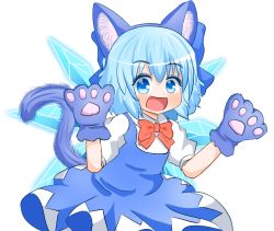 Rule 34 | 1girl, animal ears, animal hands, blue bow, blue dress, blue eyes, blue hair, blush, bow, cat ears, cat paws, cat tail, cirno, collared shirt, coruthi, dress, fairy, fake animal ears, hair between eyes, hair bow, ice, ice wings, open mouth, puffy short sleeves, puffy sleeves, shirt, short hair, short sleeves, simple background, smile, solo, tail, touhou, white background, white shirt, wings