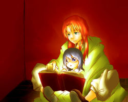 Rule 34 | 2girls, aged down, blanket, blue eyes, book, braid, embodiment of scarlet devil, faux traditional media, female focus, hong meiling, izayoi sakuya, multiple girls, nimicho, no headwear, open mouth, red hair, silver hair, smile, touhou, traditional media, twin braids, under covers