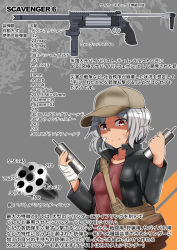 Rule 34 | 1girl, ammunition pouch, apocalypse, bandages, bandaid, battle cylinder barrel, breasts, carbine, carrying bag, chart, coat, cylinder, cylinder (weapon), cylinder barrel, diagram, dirty, dirty clothes, dirty face, flashlight, gun, hat, information sheet, iron sights, jacket, japanese text, long gun, multi-caliber cylinder barrel, open clothes, open coat, open jacket, original, pouch, prototype, prototype design, red eyes, red shirt, revolver rifle, rifle, scavenger 6, scavenger 6 battle cb, sekino takehiro, shirt, short-barreled rifle, sight (weapon), stock (firearm), tactical light, telescoping stock, text focus, translation request, vertical forward grip, weapon, weapon focus, weapon profile, weird guns of the world, white hair