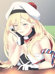 Rule 34 | 1girl, beret, blonde hair, blue eyes, commentary request, dress, hair between eyes, hand on own chin, hat, highres, kantai collection, long hair, mole, mole under eye, mole under mouth, multicolored clothes, multicolored dress, off-shoulder dress, off shoulder, pom pom (clothes), richelieu (kancolle), scarf, shingyou (alexander-13), sitting, solo, strapless, strapless dress, table, two-tone dress, two-tone gloves, upper body, white hat