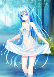 Rule 34 | 1girl, bare shoulders, blue eyes, blue hair, blush, breasts, cleavage, clothes lift, collarbone, dress, dress lift, fins, highres, long hair, matching hair/eyes, monster girl, navel, no bra, no panties, original, partially submerged, ripples, see-through, setona (daice), solo, strap slip, transparent, tree, very long hair, wading, water, wet, wet clothes