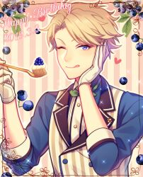 Rule 34 | 1boy, blonde hair, blueberry, buttons, chiyu (silverxxxx), commentary request, dated, ensemble stars!, food, fork, fruit, gloves, hand on own face, hands up, happy birthday, heart, holding, holding fork, lapels, leaf, long sleeves, looking at viewer, male focus, narukami arashi, notched lapels, one eye closed, purple eyes, short hair, sleeves past elbows, solo, striped clothes, striped vest, tongue, tongue out, upper body, vertical-striped clothes, vertical-striped vest, vest, white gloves