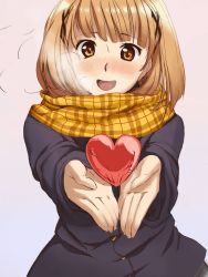 Rule 34 | 1girl, :d, absurdres, anon tyty-yde, blush, breath, brown eyes, brown hair, coat, cold, heart, highres, koyama mai, open mouth, original, plaid, plaid scarf, scarf, short hair, smile, solo, winter clothes, winter coat