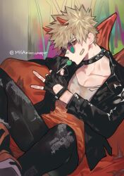 Rule 34 | 1boy, bakugou katsuki, bandaid, bandaid on face, bandaid on nose, blonde hair, boku no hero academia, candy, collar, couch, demon boy, demon wings, fingerless gloves, food, gloves, horns, jacket, leather, leather jacket, lollipop, male focus, misa (jjin miryeon), pants, pectorals, red eyes, shoes, solo, sunglasses, wings