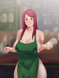 Rule 34 | 1girl, apron, bare shoulders, blurry, blurry background, breasts, curvy, highres, holding, holding glass, holding pen, huge breasts, iced latte with breast milk (meme), lactation, lactation through clothes, long hair, looking at viewer, mature female, meme, naked apron, naruto (series), naruto shippuuden, pen, red hair, shiny skin, standing, starbucks, uzumaki kushina, zeros