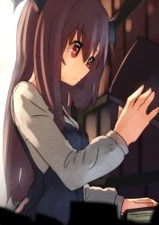 Rule 34 | 1girl, black vest, blurry, blurry background, blurry foreground, book, bookshelf, breasts, closed mouth, depth of field, expressionless, fingernails, hair between eyes, hand up, hashiro, head wings, holding, holding book, indoors, koakuma, library, long hair, long sleeves, looking ahead, medium breasts, overexposure, puffy long sleeves, puffy sleeves, red eyes, red hair, shirt, sidelighting, solo, touhou, upper body, vest, white shirt, wings