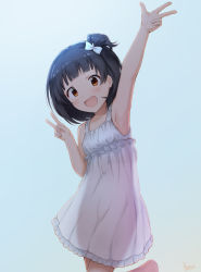 Rule 34 | 1girl, :d, arm up, armpits, artist name, bare arms, bare shoulders, basa rutan, black hair, blue background, blue bow, blush, bow, breasts, brown eyes, collarbone, dress, flower, gradient background, hair bow, hair flower, hair ornament, hand up, highres, idolmaster, idolmaster million live!, leaning to the side, nakatani iku, one side up, open mouth, sleeveless, sleeveless dress, small breasts, smile, socks, solo, standing, standing on one leg, v, white dress, white flower